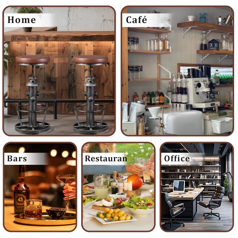 Topower Antique Industrial Round Bottom Adjustable Height Cafe Coffee Retro Vintage Stylish Water Pipe Design Pub Kitchen Bar Stool (Silver, PU Leather Top) - Image 4